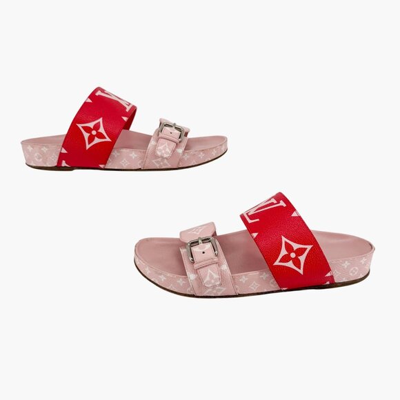 Louis Vuitton Bom Dia Slide Sandals Pink Red Monogram Canvas Size 38 US 8 Women - Picture 7 of 15